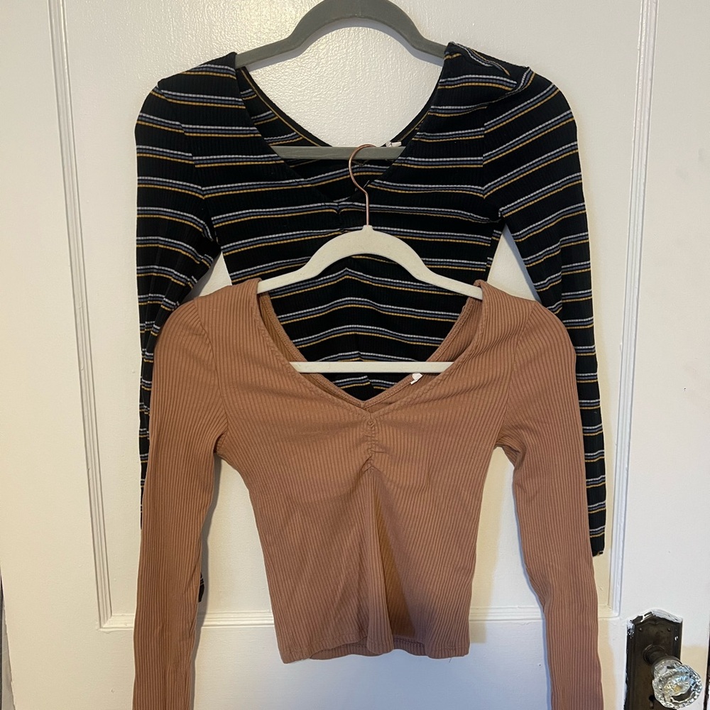 Striped Black and Tan Ribbed Women's Tops